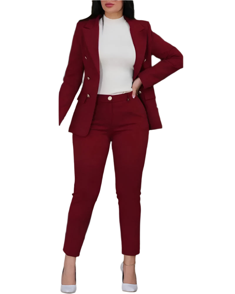 2pcs Women Office Clothing Set Long Sleeve Blazer Jacket & High Waist Pencil Pants Solid Color - Durage Collection