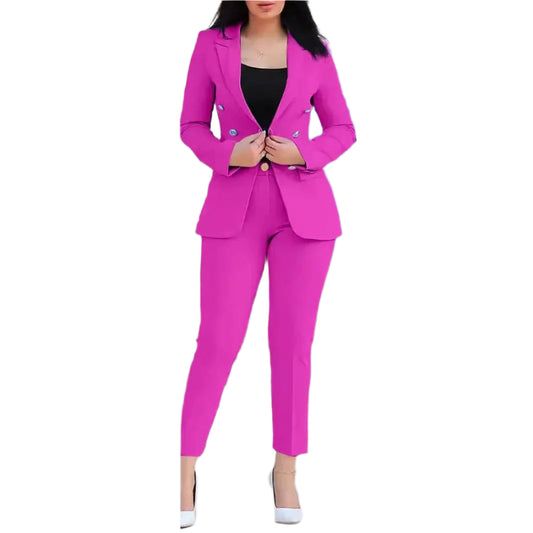 2pcs Women Office Clothing Set Long Sleeve Blazer Jacket & High Waist Pencil Pants Solid Color - Durage Collection