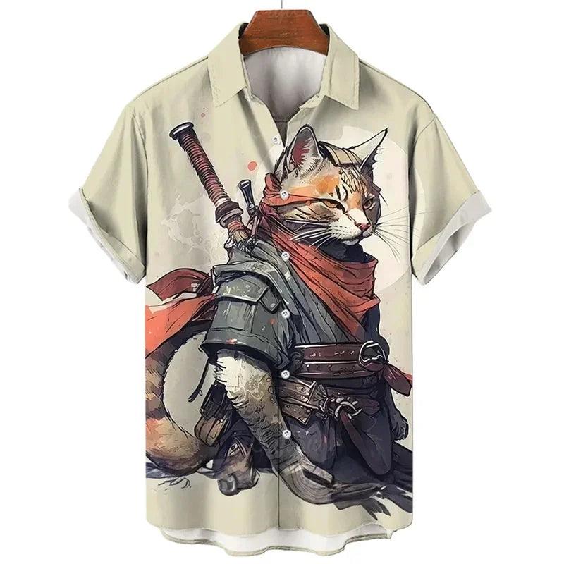 Fashion Men's hawaiian shirts 3D Print Japanese Camurai Cat Casual Shirts For Men summer short sleeve tee tops Aloha Shirts - Durage Collection
