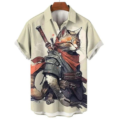 Fashion Men's hawaiian shirts 3D Print Japanese Camurai Cat Casual Shirts For Men summer short sleeve tee tops Aloha Shirts - Durage Collection