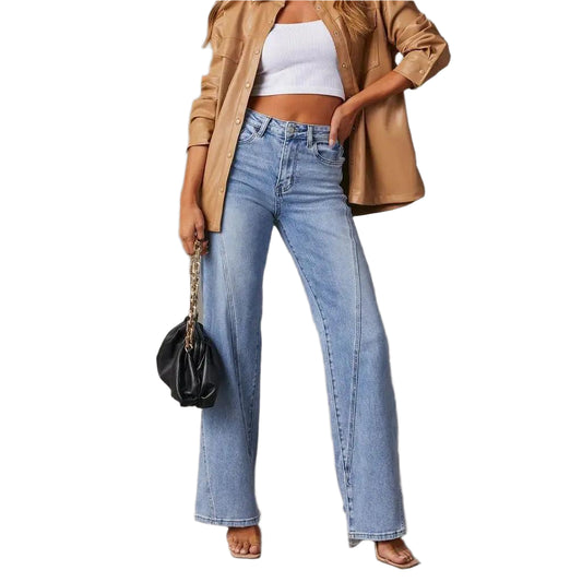 Women's Autumn and Winter New Fashion Solid Color Jeans Straight Leg Long Pants, Fashion Loose Splicing Wide-leg Women's Jeans - Durage Collection