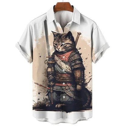 Fashion Men's hawaiian shirts 3D Print Japanese Camurai Cat Casual Shirts For Men summer short sleeve tee tops Aloha Shirts - Durage Collection