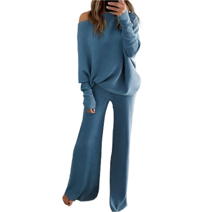 Fashion Long-sleeved Bateau Collar Top + Wide-leg Pants 2-piece Set Women Elegant Autumn Solid Color Knitted Loose Suit Female - Durage Collection