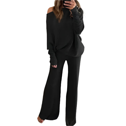 Fashion Long-sleeved Bateau Collar Top + Wide-leg Pants 2-piece Set Women Elegant Autumn Solid Color Knitted Loose Suit Female - Durage Collection