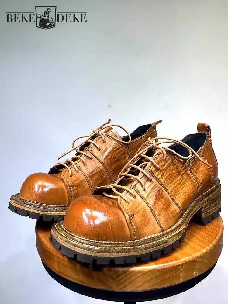 Men Vintage Dress Shoes Lace Up Horsehide Genuine Leather Shoes Thick Bottom Spliced Design Business Casual Derby Shoes Male - Durage Collection