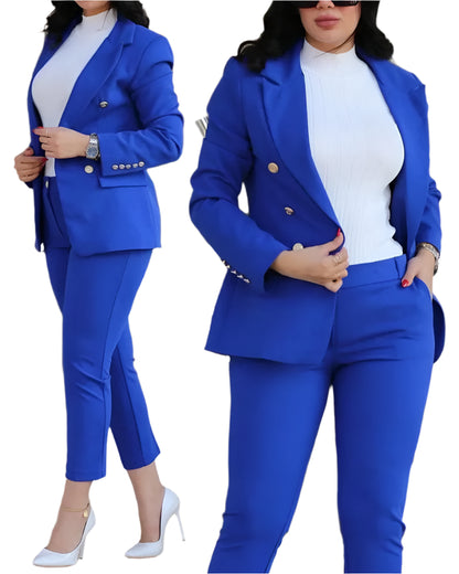 2pcs Women Office Clothing Set Long Sleeve Blazer Jacket & High Waist Pencil Pants Solid Color - Durage Collection