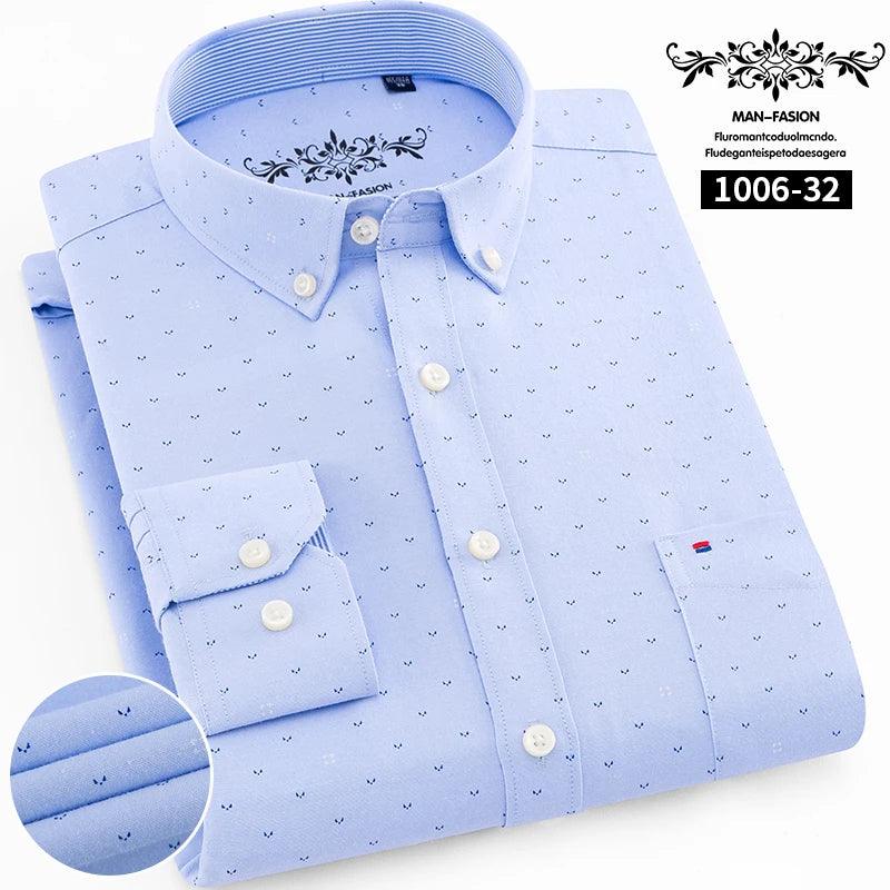 New Oxford woven men's shirt long sleeve striped fashion print casual business social breathable no-iron buckle collar - Durage Collection