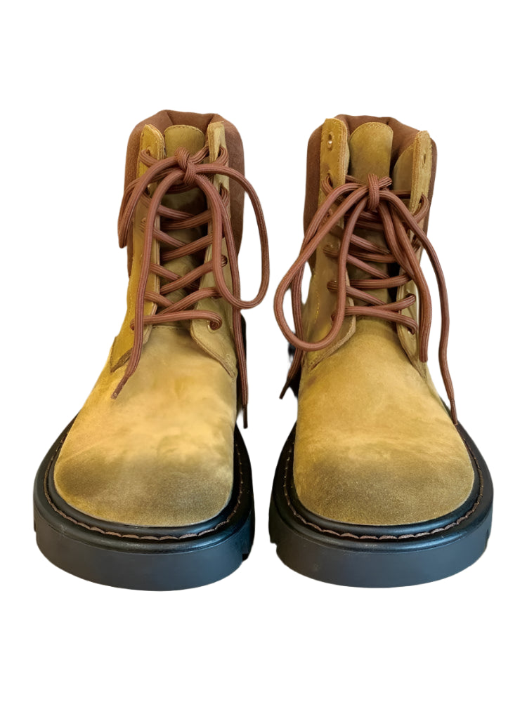 Vintage Women Suede Genuine Leather Short Boots Lace Up Round Toe Spring Autumn Mixed Colors Casual Platform High Top Shoes - Durage Collection