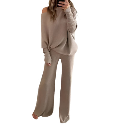 Fashion Long-sleeved Bateau Collar Top + Wide-leg Pants 2-piece Set Women Elegant Autumn Solid Color Knitted Loose Suit Female - Durage Collection