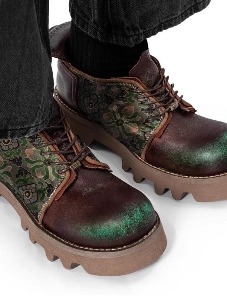 Handmade Designer Vintage Men Patchwork Cowskin Genuine Leather Derby Shoes Lace Up Thick Bottom Round Toe Casual Dress Shoes - Durage Collection