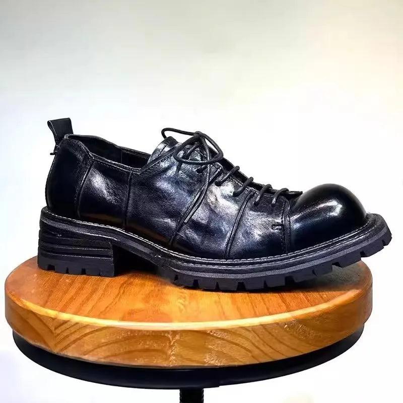 Men Vintage Dress Shoes Lace Up Horsehide Genuine Leather Shoes Thick Bottom Spliced Design Business Casual Derby Shoes Male - Durage Collection