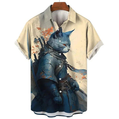 Fashion Men's hawaiian shirts 3D Print Japanese Camurai Cat Casual Shirts For Men summer short sleeve tee tops Aloha Shirts - Durage Collection