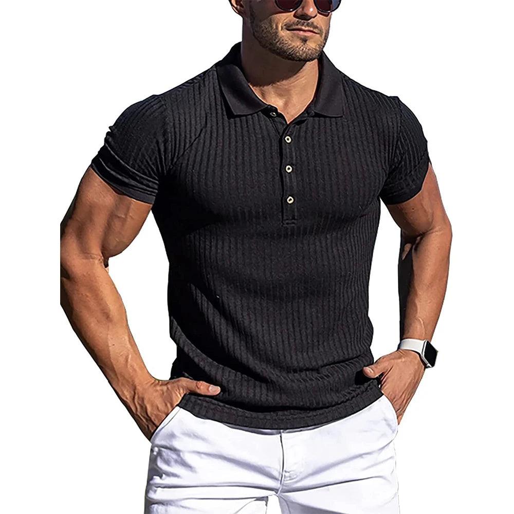 New Summer Polo Men Solid Stripe Fitness Elasticity Short Sleeve Polo - Durage Collection