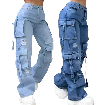 Women Denim Trousers Fashionable Solid Color Versatile Multi-pocket Casual Pants Ladies Large Size High Waist Denim 2025 - Durage Collection