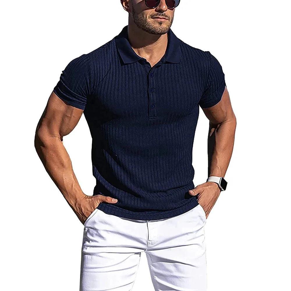 New Summer Polo Men Solid Stripe Fitness Elasticity Short Sleeve Polo - Durage Collection