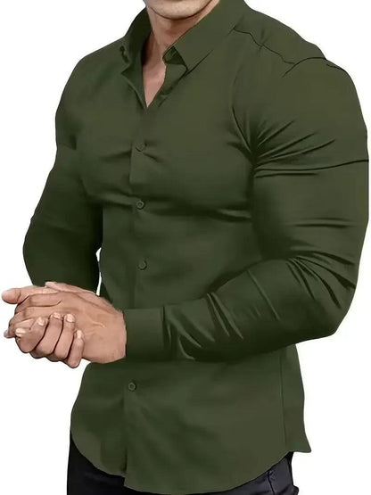 New men's solid color simple casual Korean version slim fit long sleeved shirt - Durage Collection