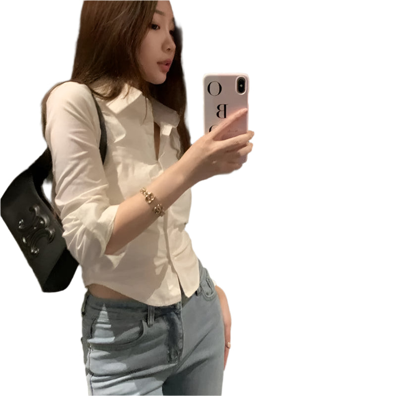Gidyq Elegant Women Korean Shirts Fashion Streetwear Female Slim Blouse Spring Y2K Casual Office Ladies Sexy Cropped Tops New - Durage Collection
