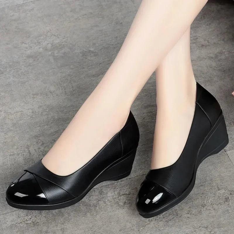 Women Fashion Light Weight Wedge Heel Comfort Spring & Autumn Shoes Lady Casual Sweet Home & Outside Black Leather Pumps E1419 - Durage Collection