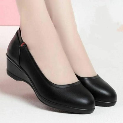 Women Fashion Light Weight Wedge Heel Comfort Spring & Autumn Shoes Lady Casual Sweet Home & Outside Black Leather Pumps E1419 - Durage Collection