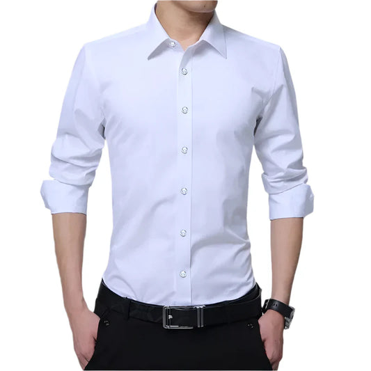 Slim-Fit Long Sleeved Shirts 5Colors New White Shirt Slim Solid Color Long-sleeved Shirt Business Formal Casual Shirt Men's Brand Classic Plus Size 8XL - Durage Collection