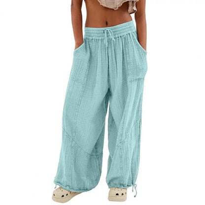 Women Harem Pants Summer Casual Vintage Cotton Linen Pants Elastic Waist Wide Leg Fashion Loose Pockets Female Trousers S-5XL - Durage Collection