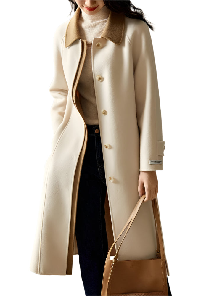 SENTUBILA 100% Wool Coats Women Winter Outerwears 2024 Contrast Lapel Belted Woolen Fitted Overcoats Female Clothing W44O58083X - Durage Collection