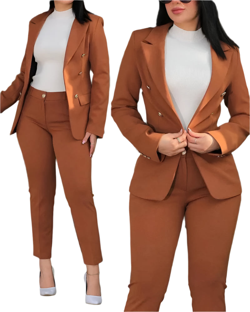 2pcs Women Office Clothing Set Long Sleeve Blazer Jacket & High Waist Pencil Pants Solid Color - Durage Collection