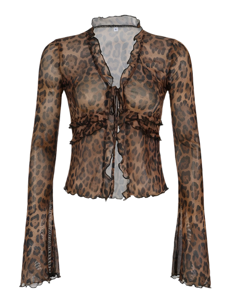 Rockmoer Leopard Print Mesh Shirts Sexy See Through Ruffled Long Sleeve Tie Front Women's Cardigan Tops Y2K Retro Slim Blouses - Durage Collection