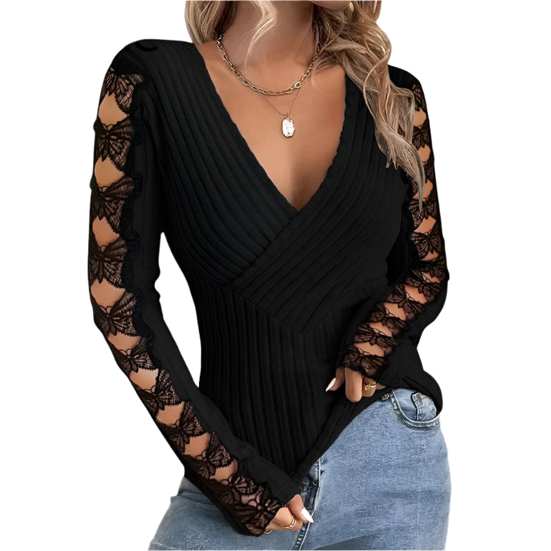 2024 Women Deep V Neck Wrap Lace Bow Hollow Out Knitting Basic Black Blouse Top - Durage Collection