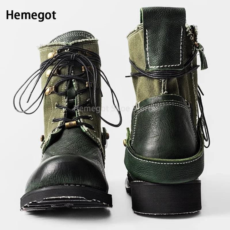 Men Atrovirens Cowhide Boots Vintage Fashion Lace-Up for Male Round Toe Canvas Genuine Leather Breathable Patchwork Men's Shoes - Durage Collection