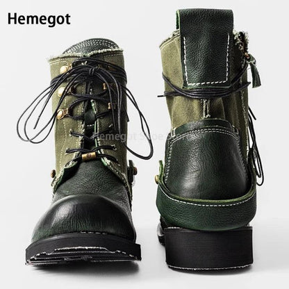 Men Atrovirens Cowhide Boots Vintage Fashion Lace-Up for Male Round Toe Canvas Genuine Leather Breathable Patchwork Men's Shoes - Durage Collection