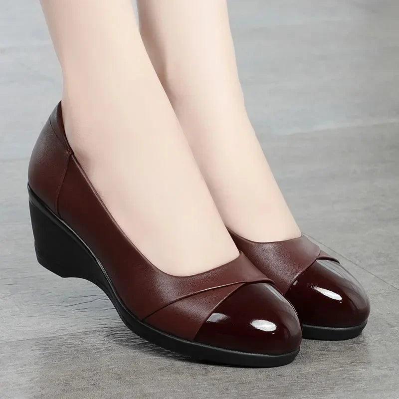 Women Fashion Light Weight Wedge Heel Comfort Spring & Autumn Shoes Lady Casual Sweet Home & Outside Black Leather Pumps E1419 - Durage Collection