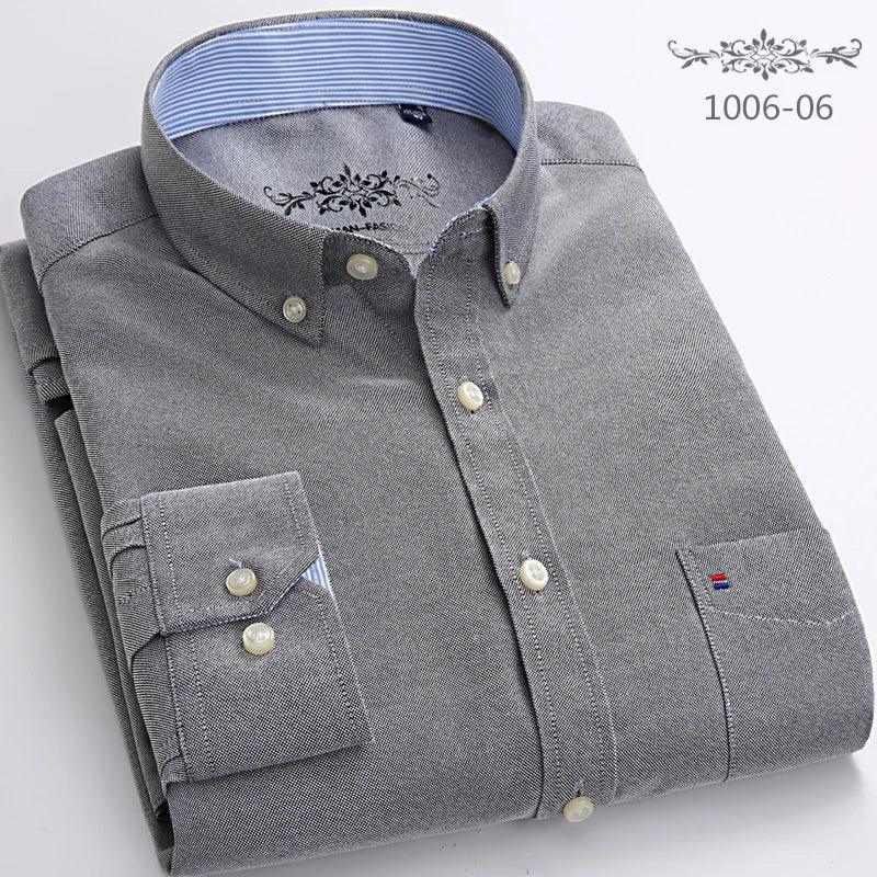 New Oxford woven men's shirt long sleeve striped fashion print casual business social breathable no-iron buckle collar - Durage Collection