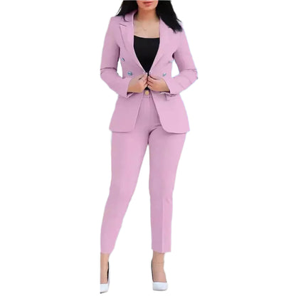 2pcs Women Office Clothing Set Long Sleeve Blazer Jacket & High Waist Pencil Pants Solid Color - Durage Collection