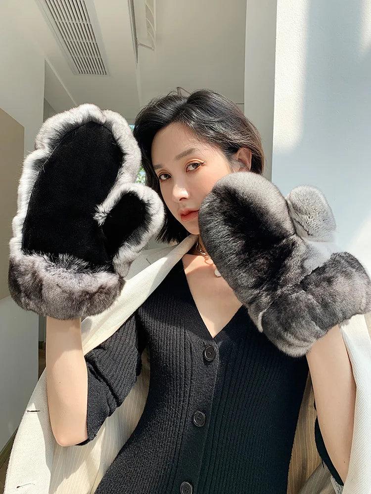 Winter Real Chinchilla Fur Gloves With Genuine Mink Fur Mittens Unisex Women Men's Authentic Chinchilla Fur Glove - Durage Collection