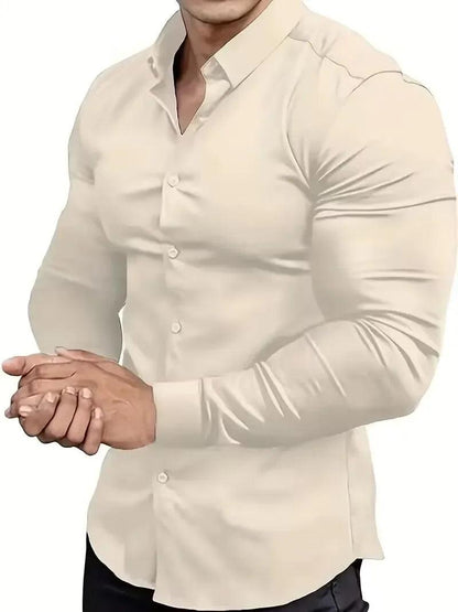 New men's solid color simple casual Korean version slim fit long sleeved shirt - Durage Collection