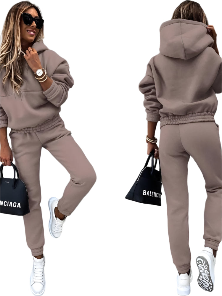 Autumn Winter New Solid Color Long Sleeve Hoodie Women's Casual Suit Fashion Loose Sports Hoodie + Small Foot Pants 2 Piece Set - Durage Collection