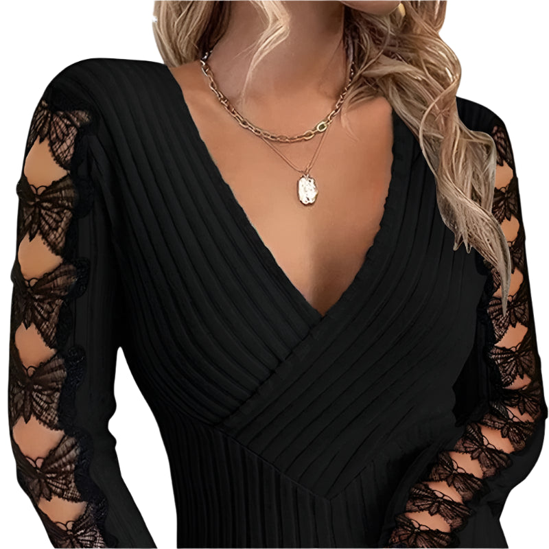 2024 Women Deep V Neck Wrap Lace Bow Hollow Out Knitting Basic Black Blouse Top - Durage Collection