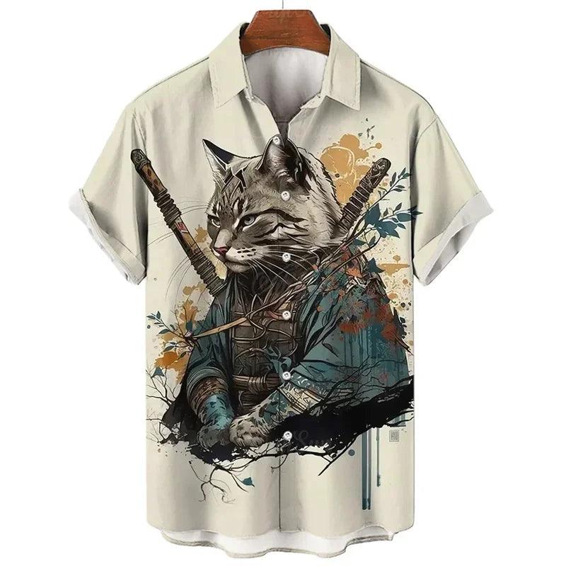 Fashion Men's hawaiian shirts 3D Print Japanese Camurai Cat Casual Shirts For Men summer short sleeve tee tops Aloha Shirts - Durage Collection