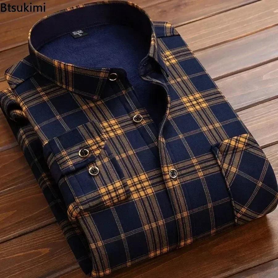 2024 Men's Autumn Winter Casual Long Sleeve Plaid Shirt Thick Warm Men's Casual High Quality Soft Large Size Warm Shirt Tops 4XL - Durage Collection