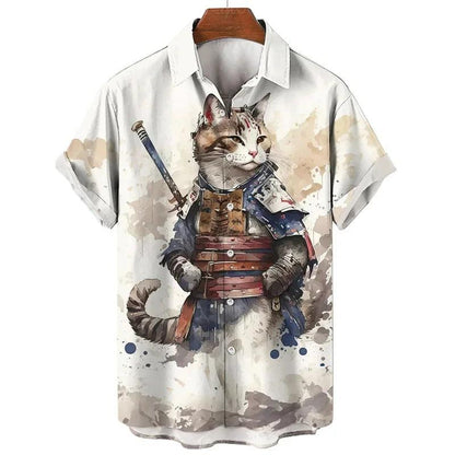 Fashion Men's hawaiian shirts 3D Print Japanese Camurai Cat Casual Shirts For Men summer short sleeve tee tops Aloha Shirts - Durage Collection