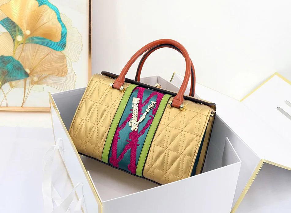 VM FASHION KISS Women's Shoulder Bag 2025 Top Handle Bag Microfiber Synthetic Leather Letter Embroidery Rotary Lock Tote Bag - Durage Collection