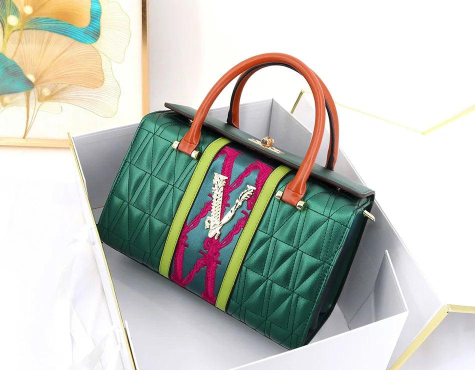 VM FASHION KISS Women's Shoulder Bag 2025 Top Handle Bag Microfiber Synthetic Leather Letter Embroidery Rotary Lock Tote Bag - Durage Collection