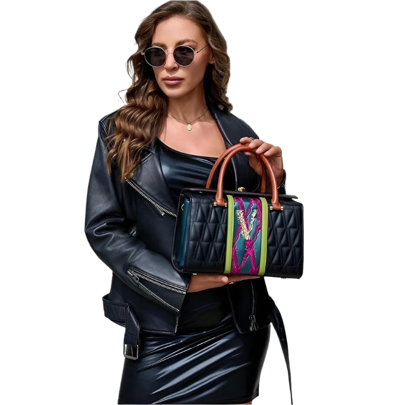 VM FASHION KISS Women's Shoulder Bag 2025 Top Handle Bag Microfiber Synthetic Leather Letter Embroidery Rotary Lock Tote Bag - Durage Collection