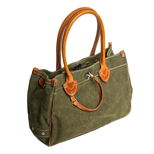 Vintage Green Leather Canvas Designer Mens Luxury Tote Bag - Durage Collection