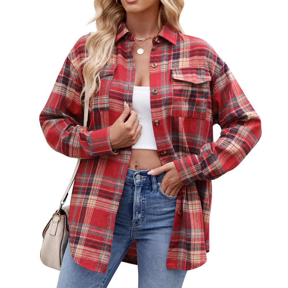 Casual Fashion Loose Plaid Pocket Shirt For Women - Durage Collection