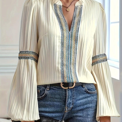 Elegant V-neck Textured Blouse with Contrast Trim, Lantern Sleeve Top for Spring & Fall, Women's Clothing - Durage Collection