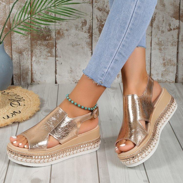 Summr Shiny Sandals Hollow Design Fish Mouth Sandal For Women Fashion Buckle Wedges Shoes - Durage Collection