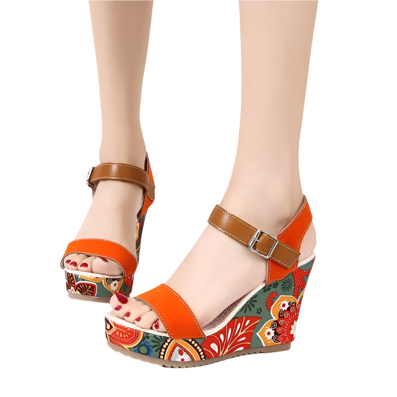 Fashion Flowers Embroidered High Wedge Sandals For Women Summer Toe Platform Buckle Shoes - Durage Collection