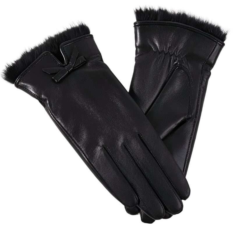 Elegant Genuine Leather Mittens for Women with Rabbit Fur Cuff - 100% Genuine Leather, Touchscreen Compatible, Windproof Thermal Gloves for Night Out - One Pair (1pc), Solid Color, Stripe Crafted, Non-Stretch, Dry Clean Only - Durage Collection